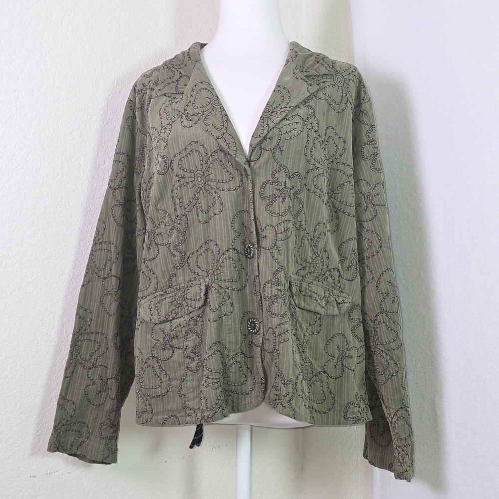 FLAX Women’s Medium Green Floral Embroidered Button Jacket – 100% Cotton